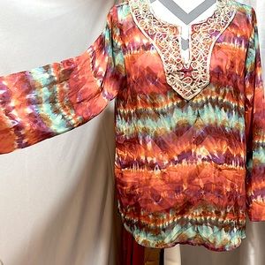 THEME Tie Dye Sheer Long Sleeve Boho Embroidered Top